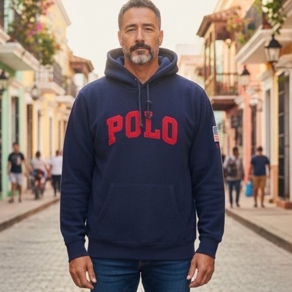 Polo Ralph Lauren Mens Fleece Hoodie Navy Blue Red Spellout USA Flag Patch Large